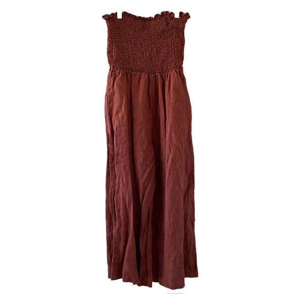 Faithful The Brand Lais Jumpsuit Plain Sangria Linen Smock Strapless Jumpsuit - Picture 9 of 13
